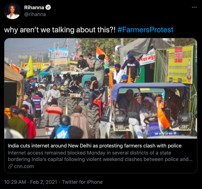 Many of you might be wondering, how did a single  @rihanna tweet about the  #FarmersProtest send  #Bollywood down a spiral? A short thread on neoliberalism and India's use of Bollywood as a tool for propaganda: