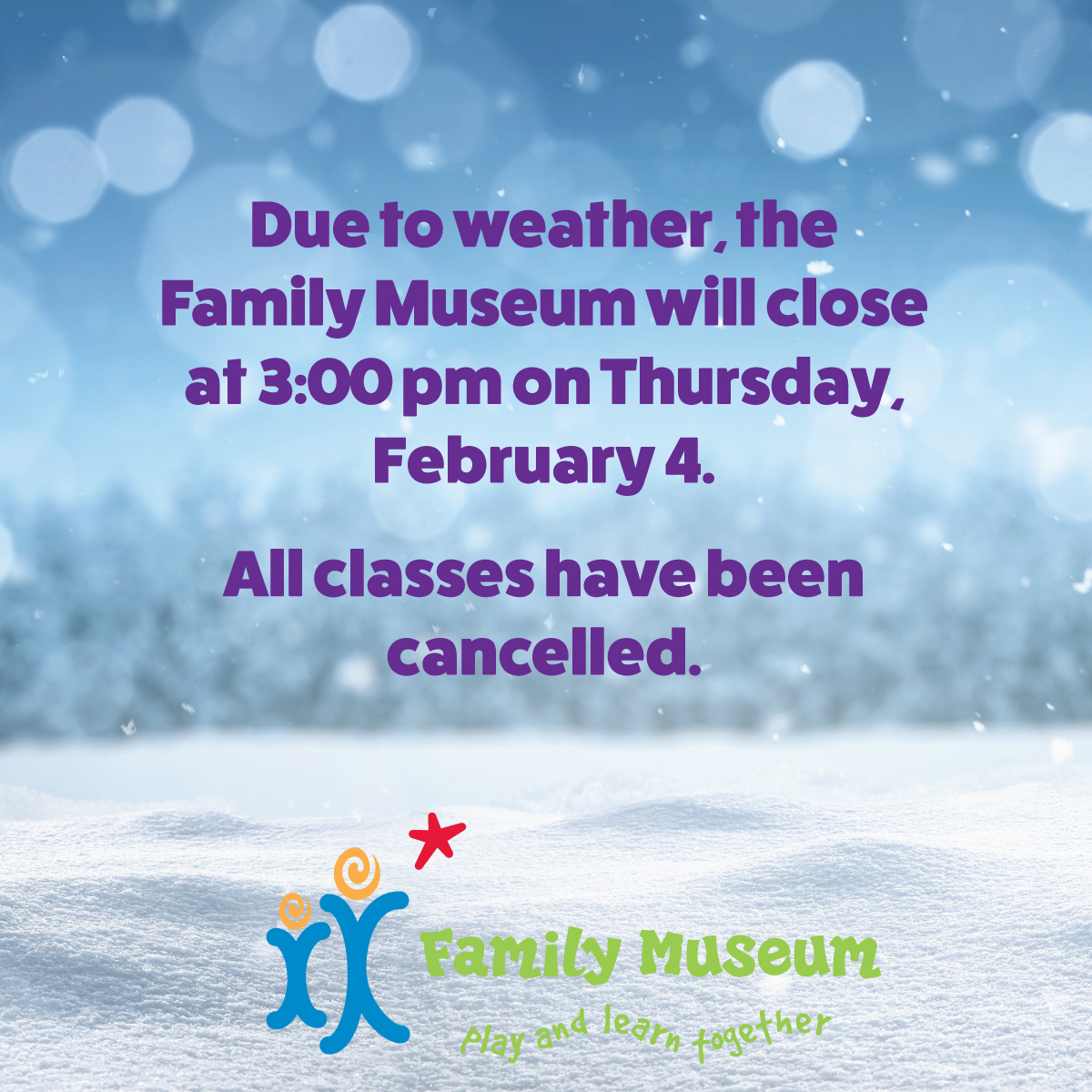Update: Due to weather, the Family Museum will close at 3:00 pm on Thursday, February 4. All classes have been cancelled.