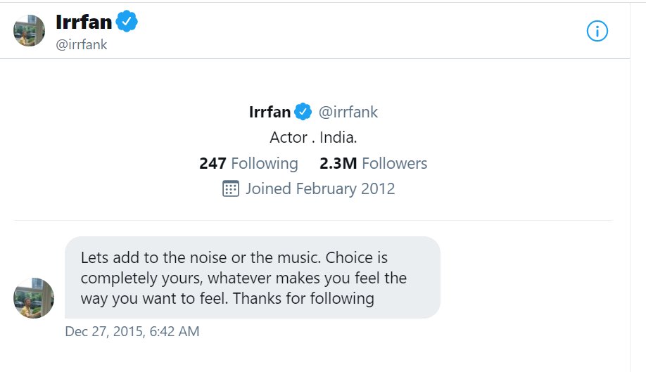 Adilj7's tweet photo. @sabahbanomalik Joined Twitter in 2015. Followed irfan khan. His team must have set this auto message thing to all followers but this made me so happy. He was my fav. May he rest in peace. https://t.co/JO4sLV7VhL
