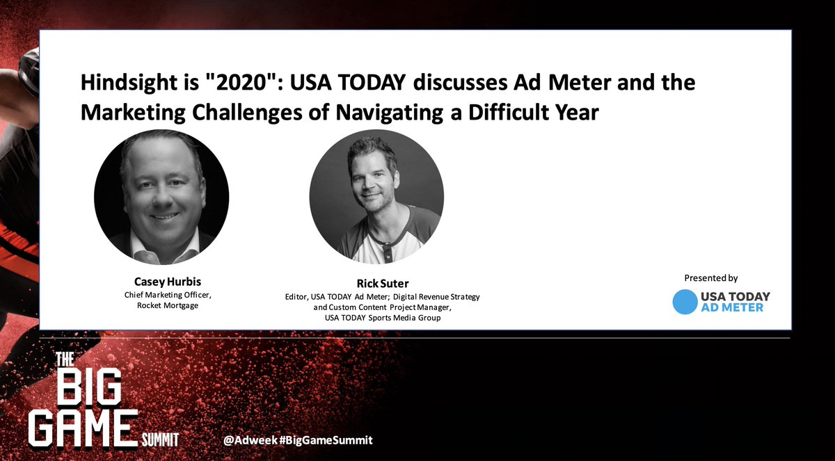 Adweek's tweet photo. Following Rocket Mortgage’s top-five finish in Ad Meter last year, @USATODAY's @rick_suter discusses recent changes with @RocketMortgage's @caseyhurbis who will share how the company’s marketing strategy shifted. #BigGameSummit https://t.co/KRTpDraneJ https://t.co/9JgIMkoGpU