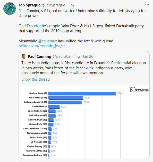 The fact to centre here is that Yaku Perez wants to save the Ecuadorian Amazon and Andres Arauz does not. That Perez is in the top 3 is remarkable. That anti-imperialists are trashing him & the left politics he represents is par for the course.