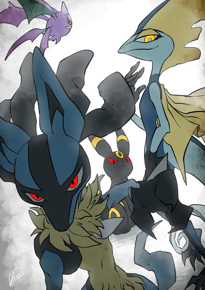 lucario ,umbreon pokemon (creature) red eyes yellow eyes closed mouth signature looking at viewer furry  illustration images