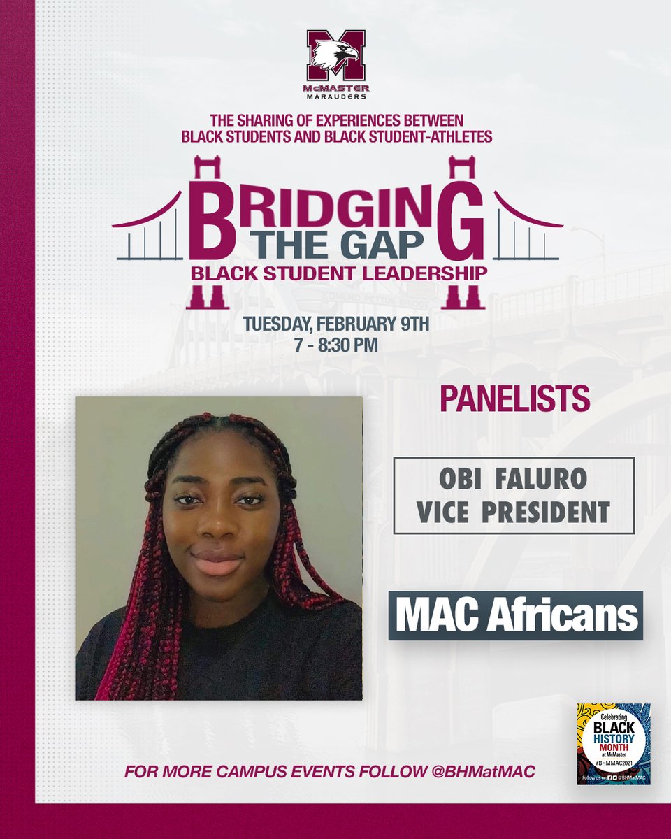 Have you registered for our webinar next Tuesday? You won't want to miss these outstanding panelists.

Bridging The Gap:
Tuesday, Feb 9th
7-8:30 PM

RSVP link: mcmaster.zoom.us/webinar/regist…

<a href="/blackspace_mac/">Blackspace @ Mac</a> <a href="/bapmac_/">Black Aspiring Physicians of McMaster</a> <a href="/MacAfricans/">MacAfricans</a>