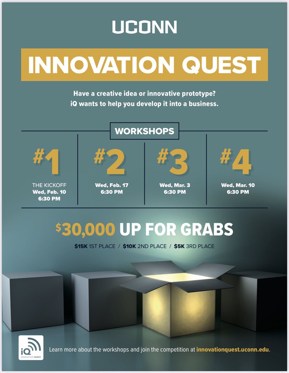 UConn_iQ's tweet photo. Do you want to develop your innovative idea into a business? Are you interested in competing for a share of $30,000?

The 2021 UConn Innovation Quest is only 6 days away!

Join us for the virtual Kickoff Workshop February 10th at 6:30 PM!

Sign up here:
https://t.co/Gw4BflECYd https://t.co/4mVfVLEMv8
