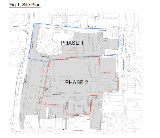 3. For future phases - CWaC's buying less land than first thought. Still planning to build on the site of the Forum, Merchants House, Goldsmith House, Hamilton House (already owns 90% of this), but not the rear of Watergate St (the bits outside the coloured lines below)...