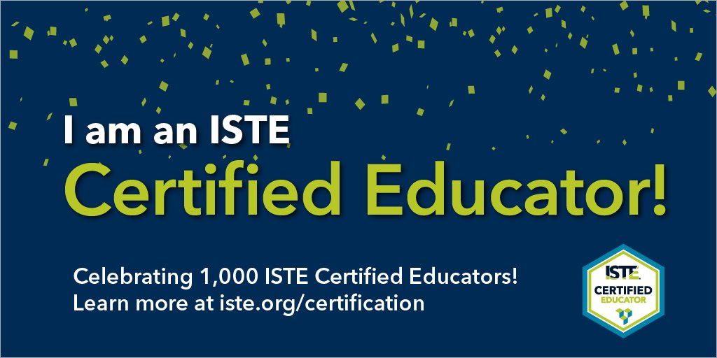 I am proud to be amongst 1,000 @ISTE Certified Educators!

#ISTEcert challenges you to rethink and redesign instruction with technology to engage students in real-world learning. Learn more about the process at iste.org/certification or ask me about my experience!