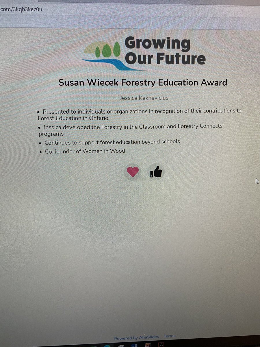 Huge congratulations to @JesseKak on receiving the Susan Wiecek Forestry Education Award - I can’t think of a more deserving recipient! You continue to amaze me. #GrowingOurFuture #FOCONF21 #WomeninWood