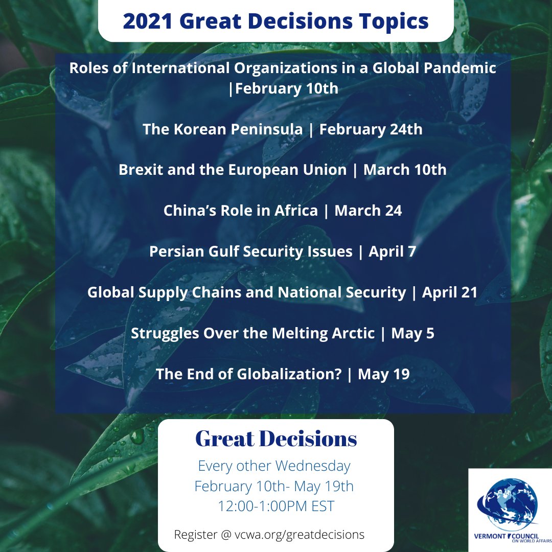 VCWA's tweet photo. Register by TOMORROW for our virtual Great Decisions Discussion Series. You can register and find more information about the program here: https://t.co/d3eJyoj5rd

#VCWA #GreatDecisions2021 https://t.co/4eawt0xzdm