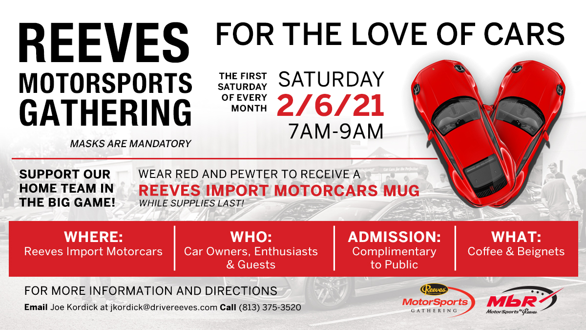 Cruise Into The Red Zone with Reeves this Saturday!

Wear red and pewter to receive a Motorsports by Reeves mug. 
*while supplies last