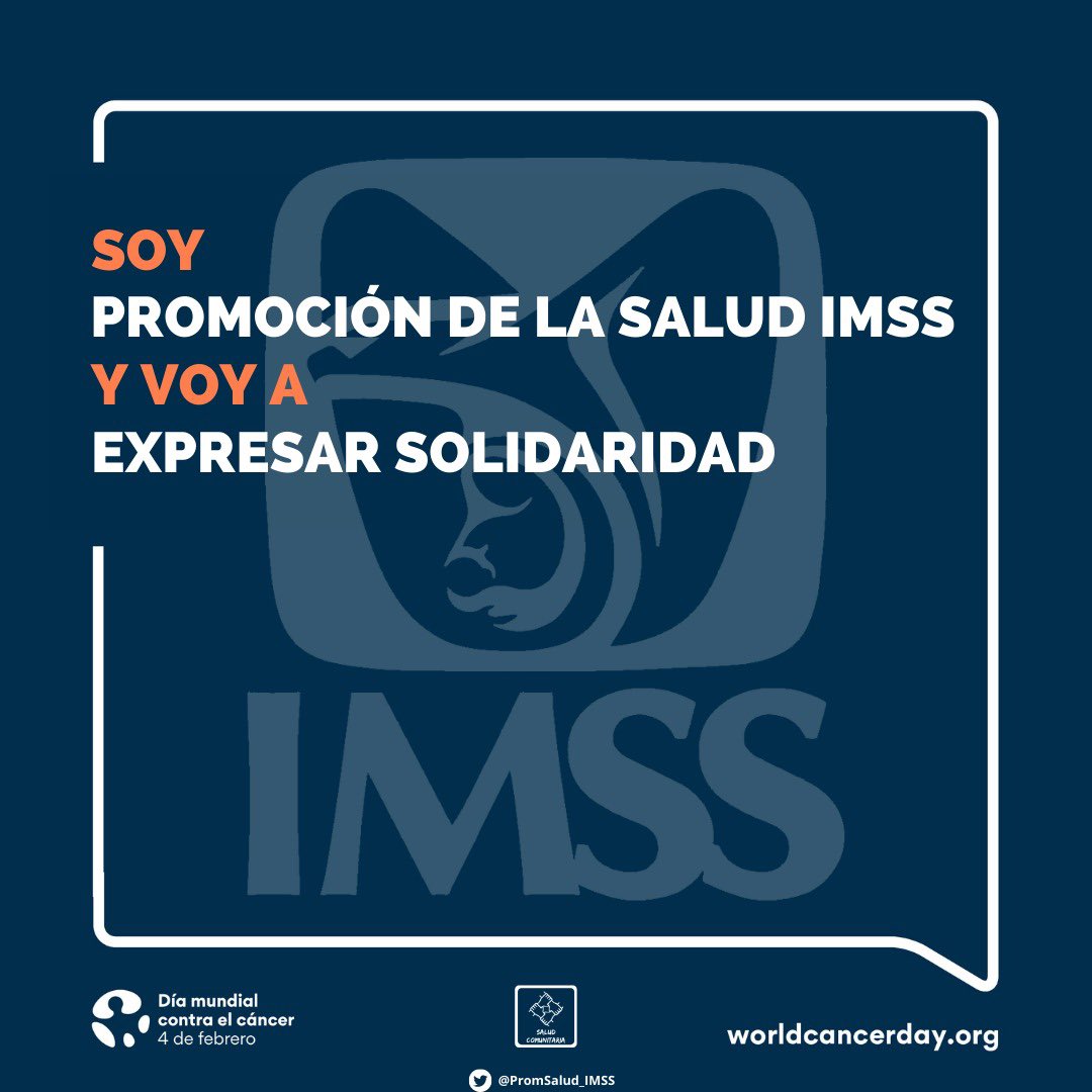 PromSalud_IMSS's tweet photo. Yo soy Promoción de la Salud IMSS y voy a expresar mi solidaridad a todas las personas que luchan contra esta enfermedad.

Bajo el lema #YoSoyYVoyA, realizamos un llamado para fortalecer las acciones dirigidas a reducir el impacto del cáncer. 

#DíaMundialContraElCáncer🧡 https://t.co/qYwa6HzO8u