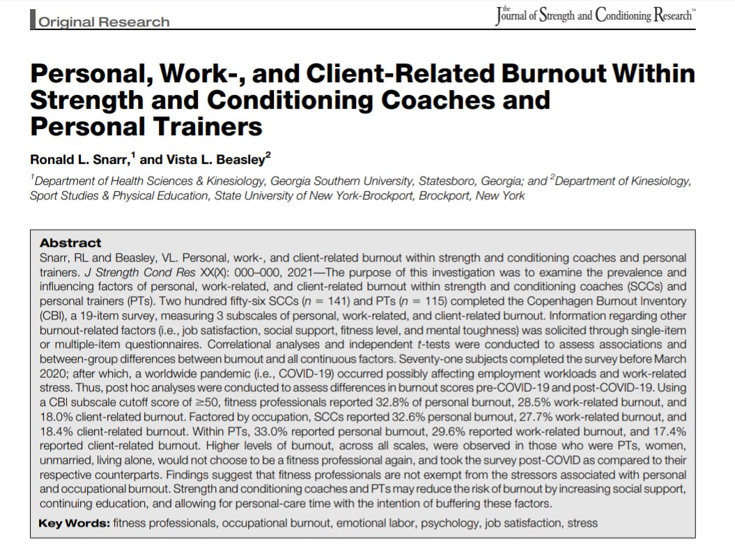My latest publication on personal trainer and strength coach burnout. Easily one of my favorite papers I've ever written <a href="/JSCRonline/">Journal of Strength and Conditioning Research</a> <a href="/NSCA/">NSCA</a> #Science #research #fitness #personaltrainer #strengthandconditioning