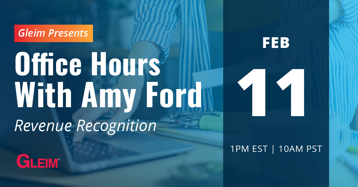 GleimAccounting's tweet photo. Refresh your memory on revenue recognition on 2/11/21. Attend our live webinar "Office Hours with Amy Ford: Revenue Recognition" Amy Ford, CPA, CMA, reviews revenue from contracts with customers &amp; revenue recognition over time. Sign up now! https://t.co/ZYjZa5ZqMi #accounting https://t.co/eJJjteCUlU