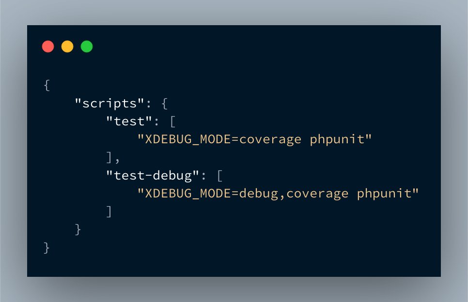 As you might spotted, Xdebug is “off“ by default. So we need to enable it. Therefore create 2 entries in the “scripts“ section of composer.json.with `composer test` Xdebug will only create coveragewith `composer test-debug` Xdebug will call Phpstorm to step debug