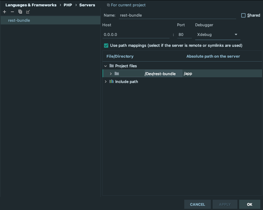 But first we need to setup a Server in Phpstorm. Open Preferences and then go toLanguages & Frameworks > PHP > ServersAdd a new one with:name: must be the same as specified in .env filehost: localhost or 0.0.0.0port: doesn’t matterpath mapping: map absolute path /app