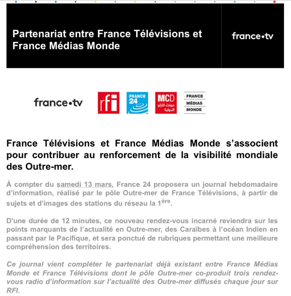 Francetele's tweet photo. 🤝 @France_MM et @Francetele s’associent pour contribuer au renforcement de la visibilité mondiale des #OutreMer 

Dès le 13/03, @FRANCE24 proposera un journal hebdomadaire d’information de 12mn, réalisé par le pôle Outre-mer de @Francetele 

#servicepublic https://t.co/A8UHWoQUa9