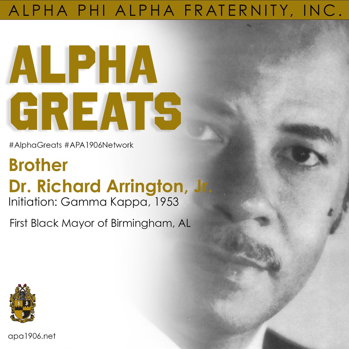 apa1906NETwork's tweet photo. Elected to the Birmingham City Council in 1971 and 1975, Brother Dr. Richard Arrington, Jr. was the first African-American mayor of the City of Birmingham in 1979.
#AlphaPhiAlpha #APA1906Network #ForThe7Jewels #ThereGoesAnAlphaMan #1906MakingHistory https://t.co/sgrv8kO7uw