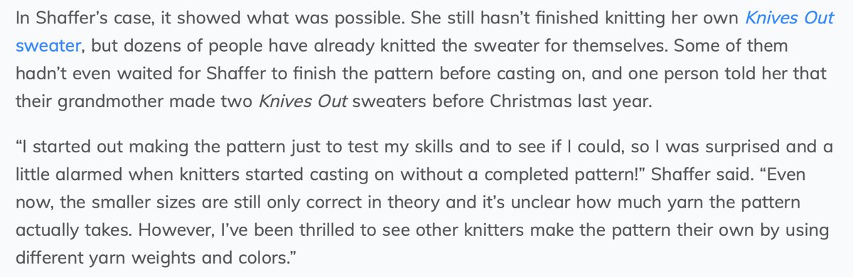 Why do people do it? Plenty of reasons: satisfaction, comfort, fixing perceived mistakes, the prohibitive price is often a big factor. But, as  @_Caryn_S told me, you also get to see people complete their own sweater before you've finished yours  https://www.dailydot.com/unclick/reverse-engineer-knits-pattern-doctor-who-outlander-star-wars/