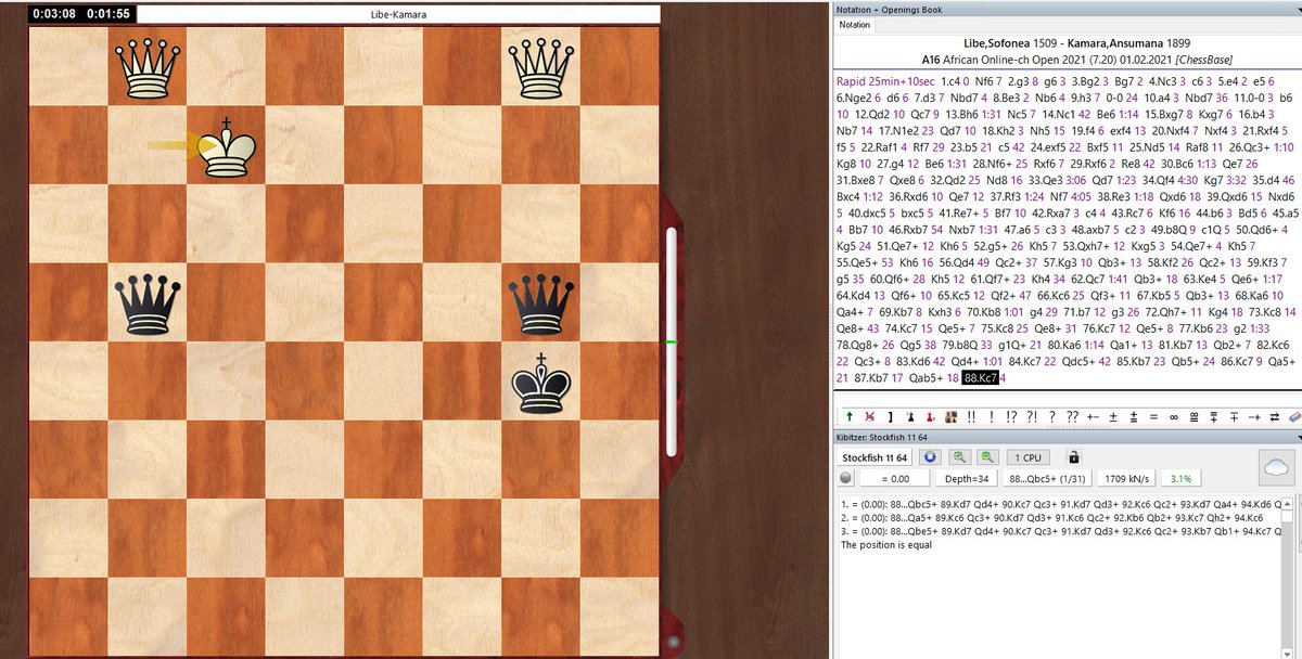 4 Queens on the board and a draw, probably you won't have it that often. But one queen is pinned
#chess #queens #draw