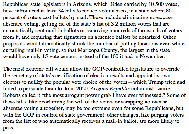 Arizona Republicans have introduced 34 BILLS to make it harder to vote, including ending mail voting, purging list of voters automatically receiving mail ballots, cutting # of polling places in Maricopa County from 100 to 15 & allowing GOP legislature to overturn will of voters