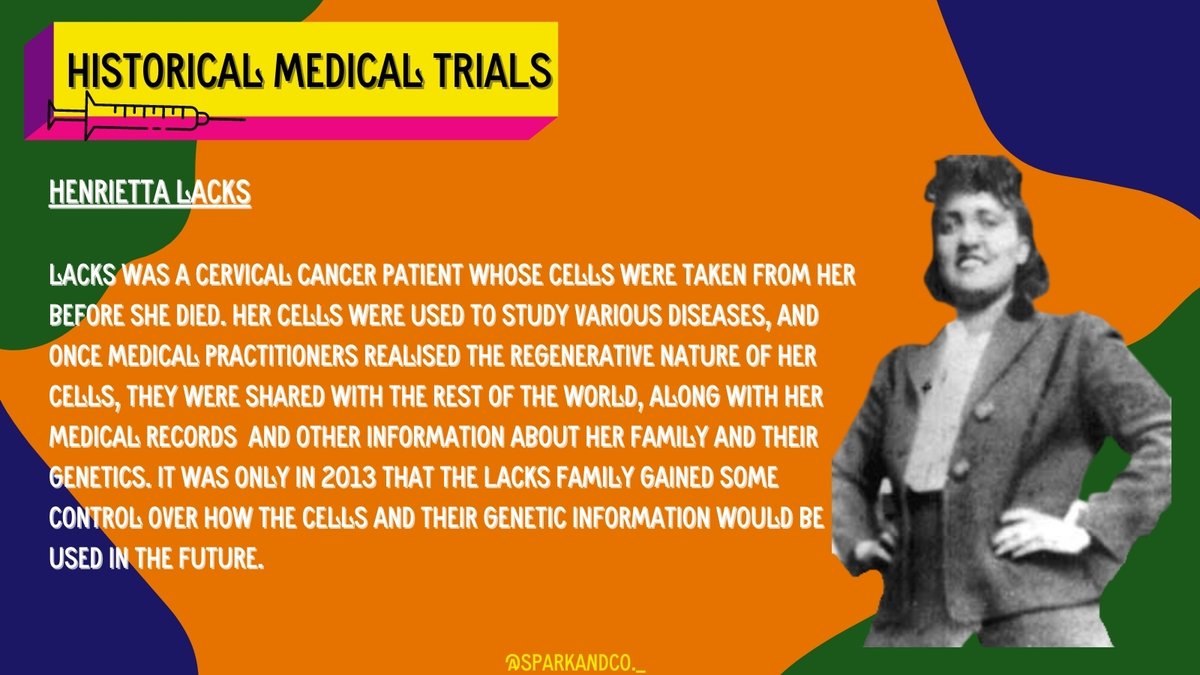 2)  #HenriettaLacks was a cervical patient whose cells were taken from her before she died. Her cells were used to study various  #Diseases.  #Medical practitioners shared her cells with the rest of the world, along with her medical records - without the knowledge of her family. 