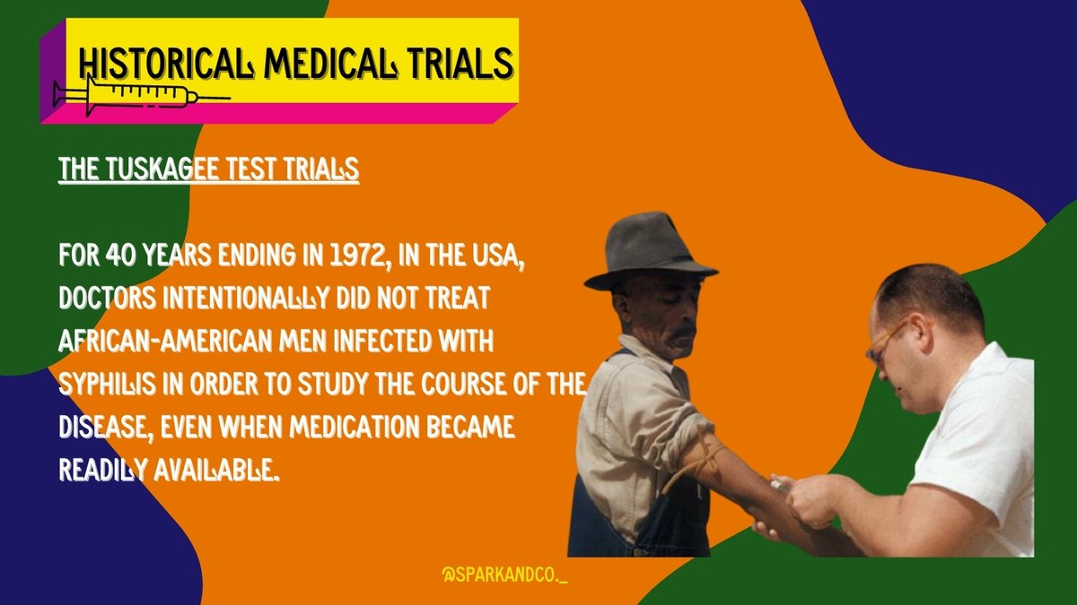 3) The  #TuskageeTestTrials, for 40 years ending in 1972, in the  #USA, Doctors intentionally did not treat African-American men infected with syphilis in order to study the course of the disease, even when  #Medication became readily available. 