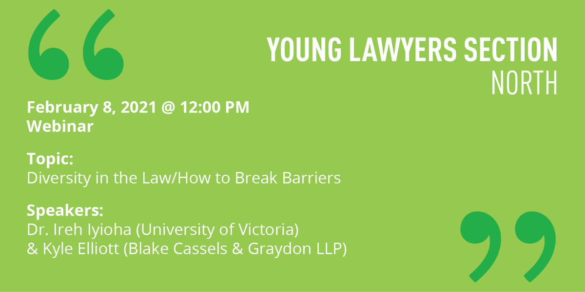 In celebration of #BlackHistoryMonth, the north Young Lawyers Section welcomes Dr. Ireh Iyioha of <a href="/uvic/">UniversityOfVictoria</a> <a href="/_kyleelliott/">Kyle Elliott</a> of <a href="/BlakesLaw/">Blakes</a> for a panel discussion on diversity in the law and how to break barriers in your career. Register: cbapd.org/details_en.asp…