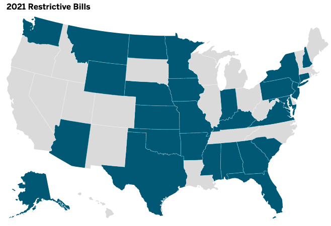 106 bills introduced in 28 states already this year to restrict voting access finds  @BrennanCenterThat's 3x as high as last year"These bills are unmistakable response to the unfounded and dangerous lies about fraud that followed the 2020 election." https://www.brennancenter.org/our-work/research-reports/voting-laws-roundup-2021