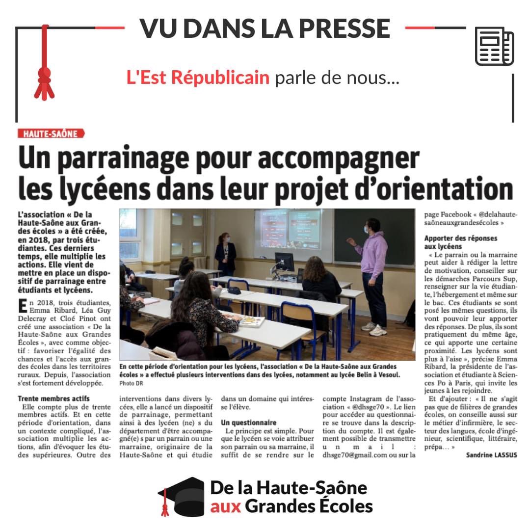 dhsge70's tweet photo. ➡️ Merci à @LEstRepVesoul pour cet article qui revient sur notre dispositif de parrainage pour les lycéens de #HauteSaône ! Ensemble luttons contre l’autocensure qui frappe les jeunes des territoires et faisons rayonner notre département 🤝 https://t.co/hTN9GNSN9n