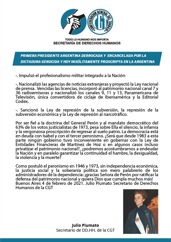 DDHH_CGT's tweet photo. Fue derrocada por la dictadura genocida y es la única Presidente de este país que permaneció prisionera 5 años por negarse a renunciar.! En lugar de reivindicarla, hoy está proscripta y debe vivir exiliada. Como duele llamarse #Perón! https://t.co/jiMtrpXPg7