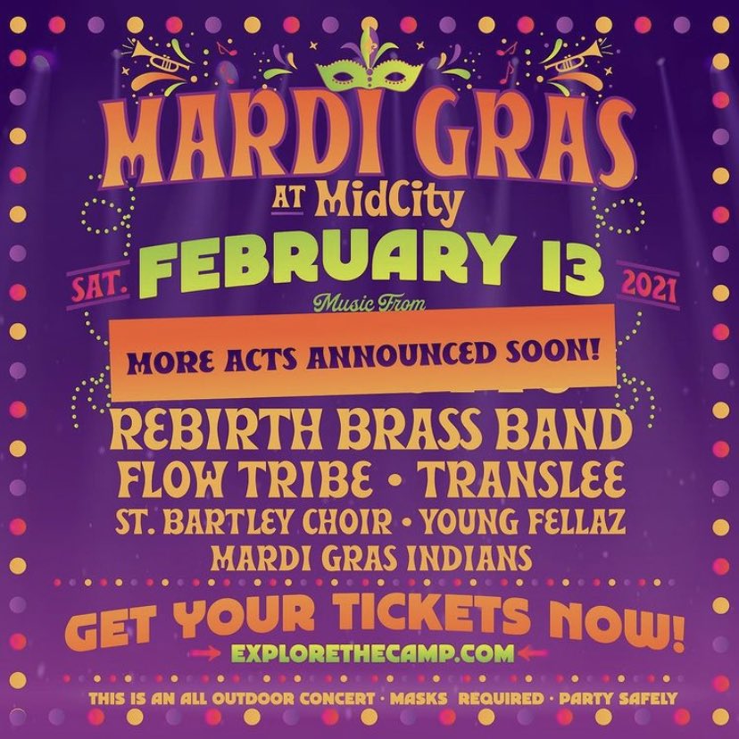 Hey Huntsville! Get you a taste of some Mardi Gras magic next Sat. Feb. 13th at @explorethecamp. We can’t wait to party with y’all in a safe setting!