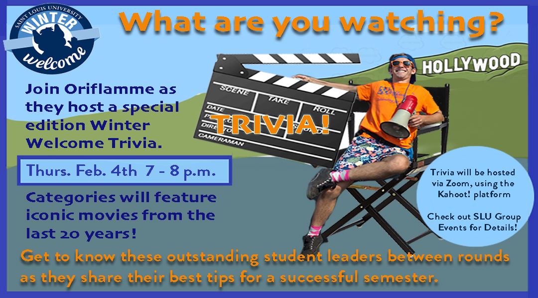SLUInvolvement's tweet image. Join Oriflamme 7-8 pm TONIGHT Feb. 4th, for a special movie-themed Winter Welcome Trivia.
Get to know these outstanding student leaders as they share their best tips for a successful semester.
Hosted via Zoom, using the Kahoot! platform. Details in the SLU Groups Events section.