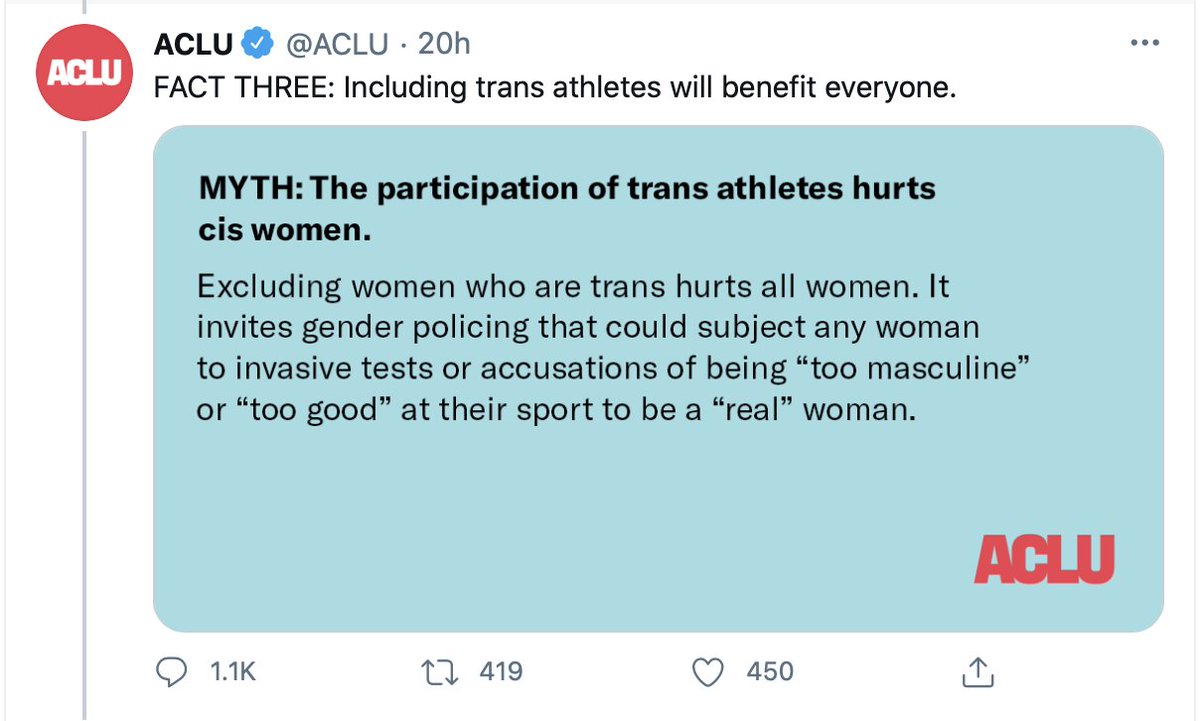 FACT THREE: Erasing female athletes from sport benefits a tiny minority of people.MYTH: Pretending that male is female, or that up is down, or that Kansas is France, is progressive & awesome. It’s not. Get people to agree to this nonsense, though, and they’re easier to herd.