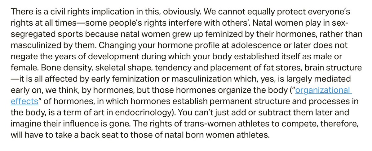 To continue the ACLU’s framing:MYTH: Women don’t need separate teams. Yes, yes we do.Here is a piece I wrote that is paywalled on my Patreon, but an excerpt is here: https://www.patreon.com/posts/should-trans-in-24946413/edit