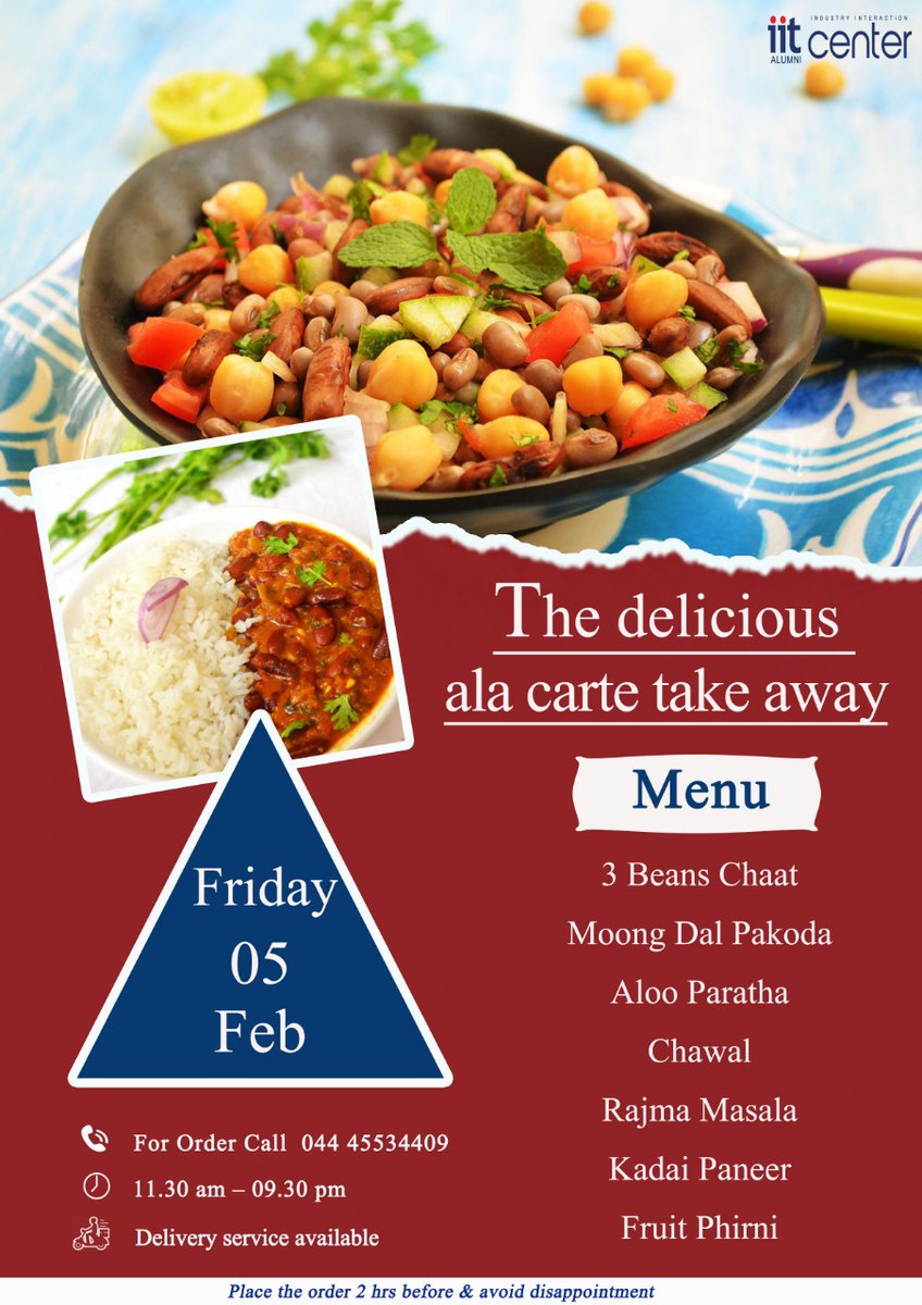 The delicious ala carte takeaway menu for Friday - 5th February

#alacarte #deliciousalacarte #fridaymenu #eatout #deliciousfood #takeaway #iitalumnichennai #iitaiic #iitalumnies #alumnigathering