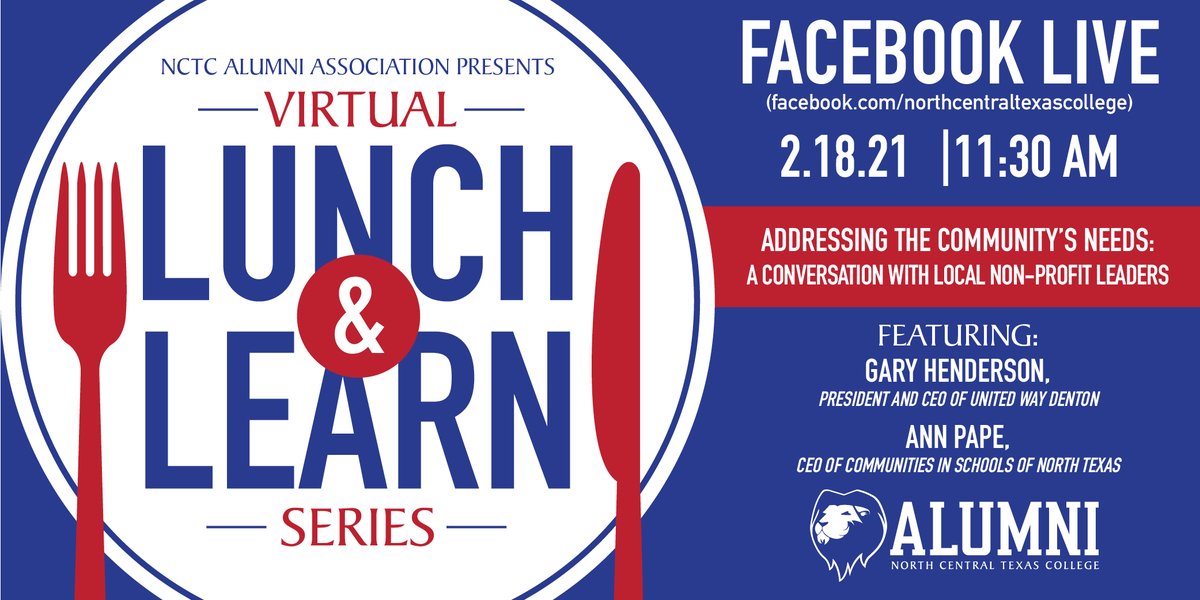 nctcEXstudents's tweet photo. Mark your calendar for February's Lunch and Learn! 2/18📆

Gary Henderson of United Way of Denton County and Ann Pape of Communities In Schools of North Texas will present on how nonprofits are enriching the community! https://t.co/8065oYtBjY