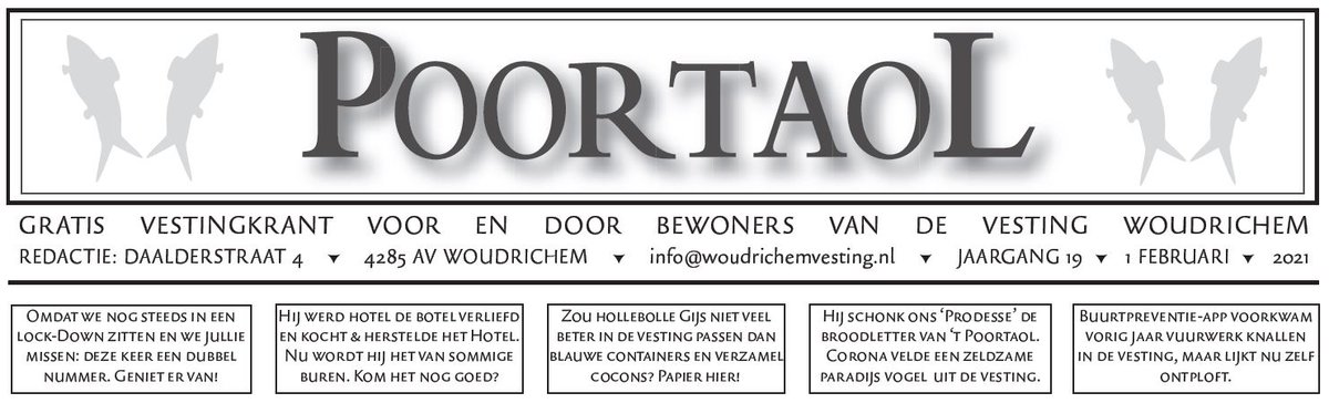 Poortaol nr 20 - uitgave 1 februari.
De eerste van 2021 is uit en is zelfs dubbel-dik geworden. Ook deze staat weer vol met mooie verhalen.
bit.ly/3tsXuVN