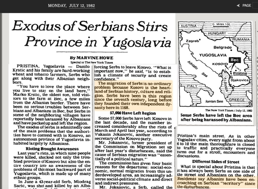 July 12, 1982 New York Times article written by Marvine Howe titled: "Exodus of Serbians Stirs Province in Yugoslavia"It reports that 57,000 Serbs have left Kosovo caused by Albanian extremist harrassment since the 1981 riots.