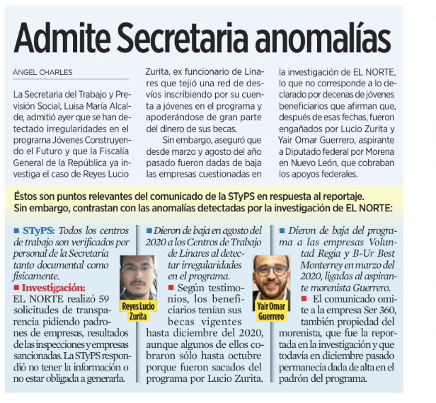 angelcharlsmty's tweet photo. Acá los argumentos de la @STPS_mx para defender los desvíos millonarios en becas de “ninis” y lo que refutó la investigación.
También los argumentos del morenista Yair Guerrero, uno de los que opera red de desvíos y lo que refutó la investigación. #NiniGate 

Vía @elnorte https://t.co/EJidDJvcg4