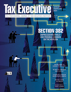 TEI_tax's tweet photo. Going virtual: Tax Executive January/February Issue now online "Understanding the Built-in Gain and Loss Rules of Section 382 — and Possible Significant Changes on the Horizon" https://t.co/sJ001PfqVA #NOL #Section382 #SubregulatoryTax #CARES #IRS #Taxlaw #tax https://t.co/BaNBZ5tSXo