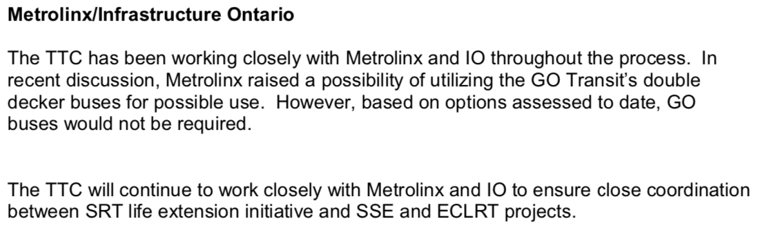 Interesting: TTC’s been talking to Metrolinx about this whole Scarborough RT thing, and Metrolinx raised the idea of using GO buses for the replacement service. Report says that’s not required, but seems like an idea worth pursuing, especially if Metrolinx pays.