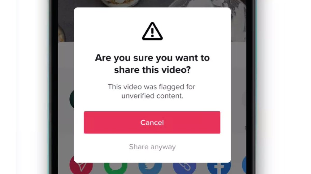 Third up: nudges.Nudges have been shown to help people think critically about what they’re sharing and reduce the spread of misinformation.TikTok nudges users towards pressing ‘Cancel’ with a strong red. The alternative says ‘share anyway’, and it's gray-ed out.