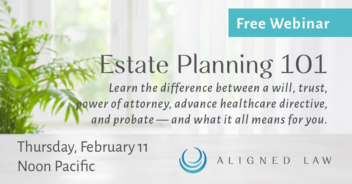 AlignedLaw's tweet image. February's webinar is all about Estate Planning! Come get your burning questions answered—Who even needs an estate plan? What's the difference between a living trust and a living will? Why do people say to avoid probate?
us02web.zoom.us/meeting/regist…