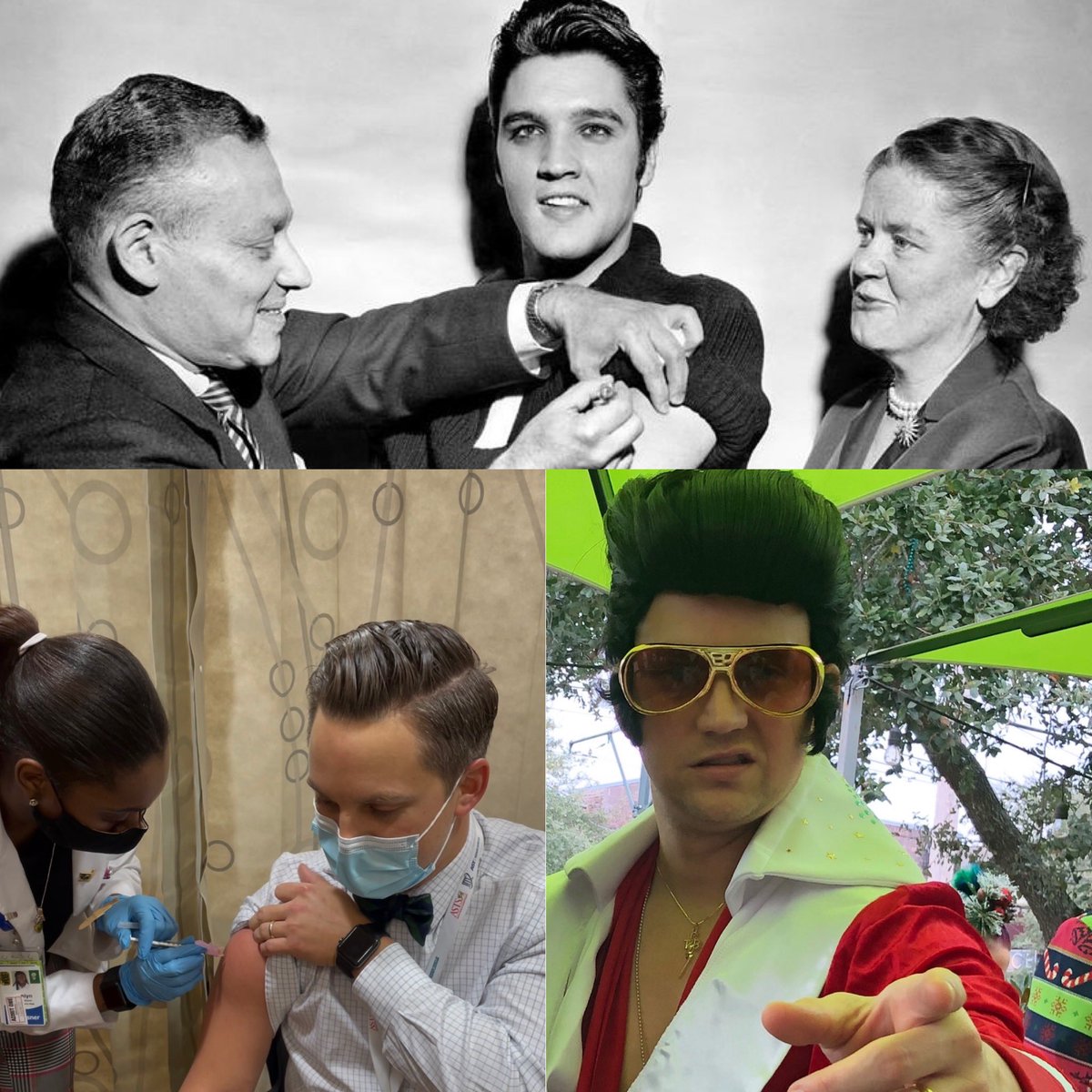 As the New Orleans Carnival season is upon us, I will miss riding with my Krewe of the Rolling Elvi. Which celebrity will be the next Elvis and roll up a sleeve #CovidVaccine. One of these is not me #VaccinesWork #kreweofhousefloats #MaskUp