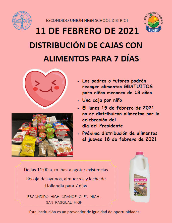 EECOMPACT's tweet photo. Meal box distribution! Distribucion de comida! Please share this your @EUHSD families! https://t.co/NhYVNfQMFo