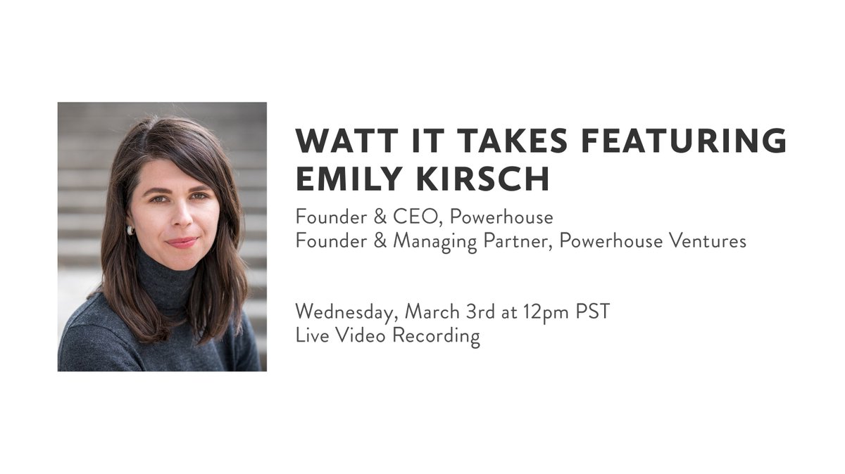 Emily Kirsch (@emilykirsch) on Twitter photo It is with excitement and hesitation that I invite you to a special episode of #WattItTakes.
On March 3rd, I will share my story and the story of <a href="/JoinPowerhouse/">Powerhouse</a> with guest host @ShayleKann, sponsored by <a href="/MoFoLLP/">Morrison Foerster</a>.
Learn what animal I would be and why: powerhouse.fund/emily It is with excitement and hesitation that I invite you to a special episode of #WattItTakes.
On March 3rd, I will share my story and the story of <a href="/JoinPowerhouse/">Powerhouse</a> with guest host @ShayleKann, sponsored by <a href="/MoFoLLP/">Morrison Foerster</a>.
Learn what animal I would be and why: powerhouse.fund/emily