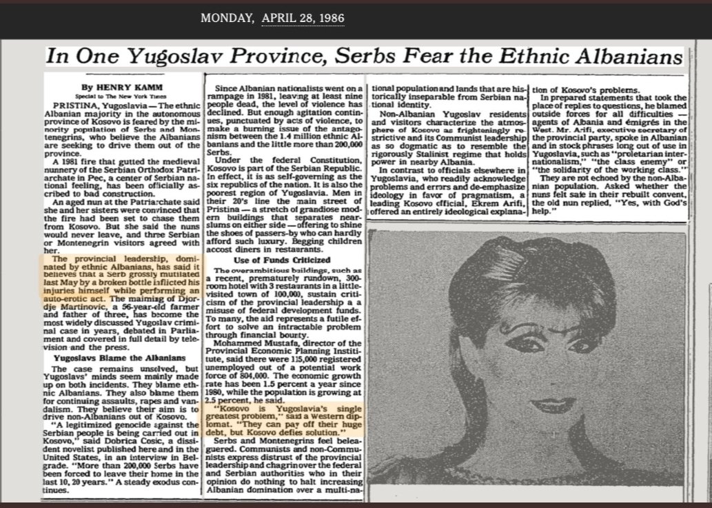 Apr 28th, 1986 New York Times article written by Henry Kamm titled: "In One Yugoslav Province, Serbs Fear Ethnic Albanians"It reports more than 200,000 Serbs have been forced to leave their home in the last 10-20 years. A steady exodus continues.