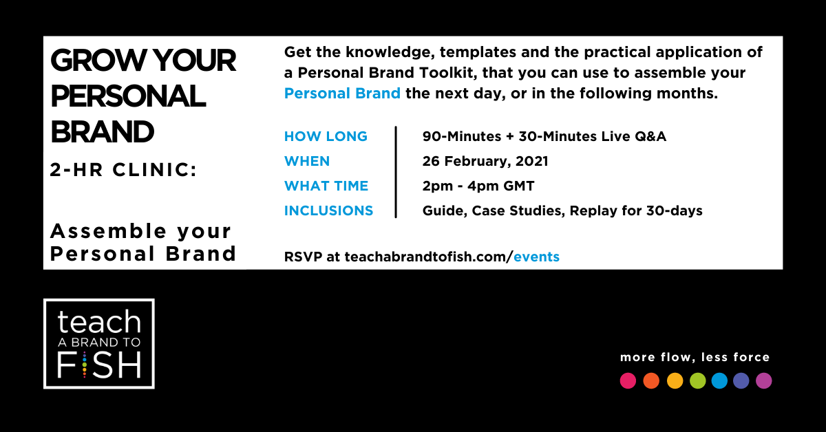 TBF_Labs's tweet photo. ONLINE CLINIC: 26 Feb, 2pm - 4pm GMT

2-Hour Clinic that will present a clearly defined framework, set of templates and the process and insights involved with producing your Personal Brand.

Tickets here: https://t.co/5elhkiaY0h

#PersonalBrand #PersonalBranding https://t.co/QnKm99XsFY