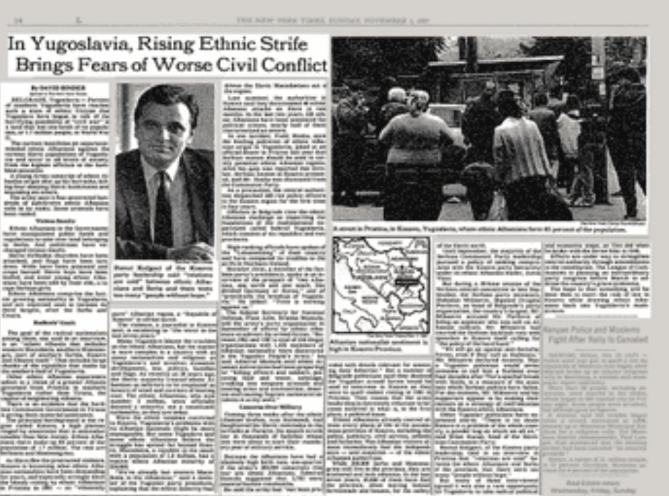 Nov 1st, 1987 New York Times article written by David Binder titled: "In Yugoslavia, Rising Ethnic Strife Brings Fears of Worse Civil Conflict"It reports how an Albanian shot up his barracks, killing four sleeping Serbs bunkmates and wounding six others. https://www.nytimes.com/1987/11/01/world/in-yugoslavia-rising-ethnic-strife-brings-fears-of-worse-civil-conflict.html