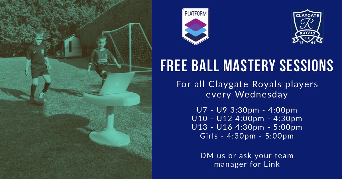 FREE Ball Mastery sessions for all players who are members of our partner club @ClaygateRoyals every Wednesday ⚽️ Message us for link or ask your team manager 🙌🙌 #platformtosuccess #community #learn #develop #play