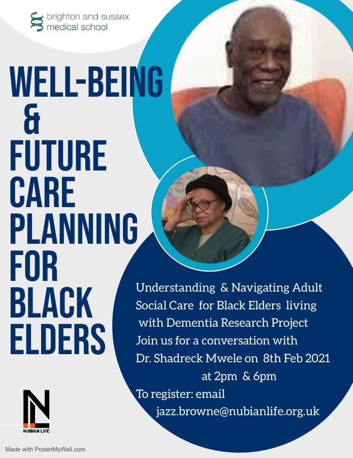 Nubian Life (@nubianmatters) on Twitter photo Join us for a conversation about well-being & future care planning with Dr. Shadreck Mwele. Understanding and navigating adult social care for black elders living with Dementia. Mon 8 Feb 2pm & 6pm To register email jazz.browne@nubianlife.org.uk Join us for a conversation about well-being & future care planning with Dr. Shadreck Mwele. Understanding and navigating adult social care for black elders living with Dementia. Mon 8 Feb 2pm & 6pm To register email jazz.browne@nubianlife.org.uk